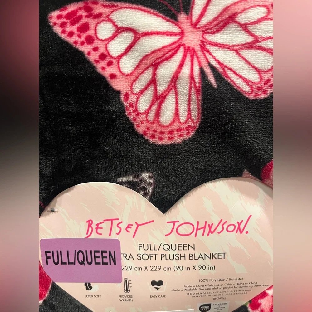 Betsey Johnson Pink and Black Butterfly Roses Blanket Full/Queen
